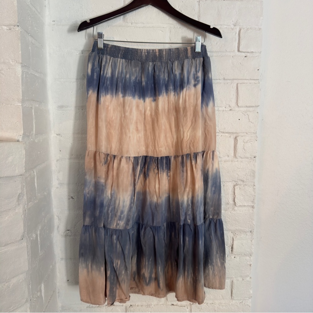 Mello Day Tie Dye Tiered Midi Skirt Blue Peach Boho Flowy Size M